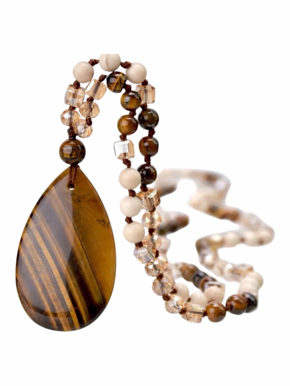Tiger Eye Pendant & Beaded Crystal Chain Necklace NWT